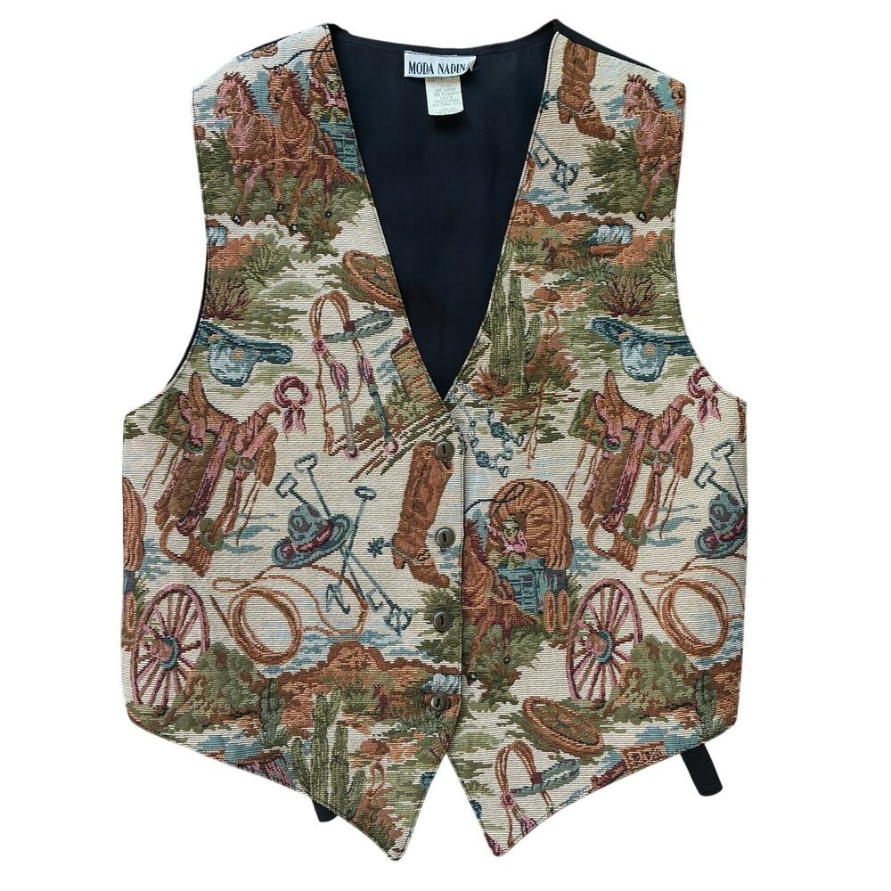 Vintage 90s Moda Nadina Western Cowgirl Horse Tapestry Vest Size Small